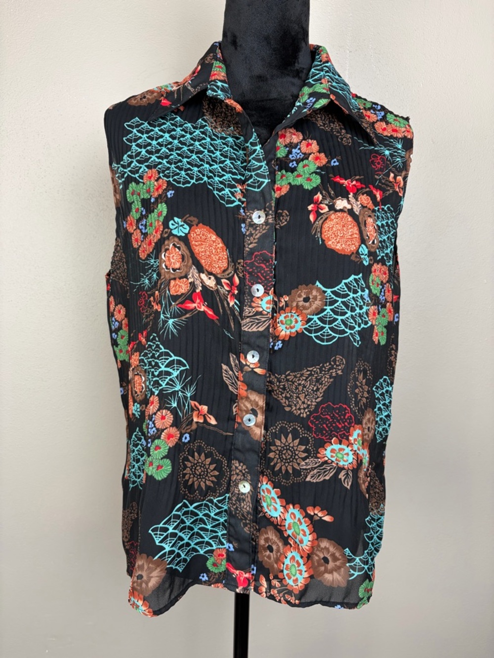 Sere Nade Floral Plisse Sleeveless Button-Down Blouse Art To Wear Boho Top L EUC - Picture 3 of 15